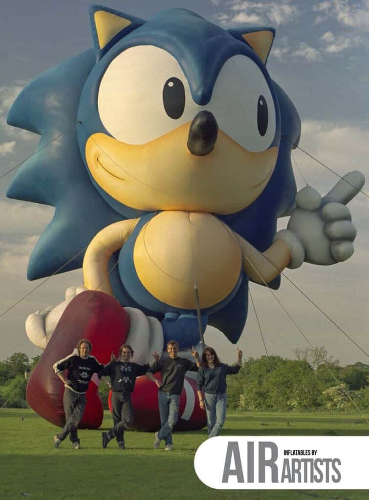 Air Artists' crew in front of their parade inflatable Sonic the Hedgehog