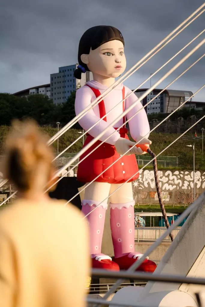 Squid Game GIrl Inflatable on River Tyne